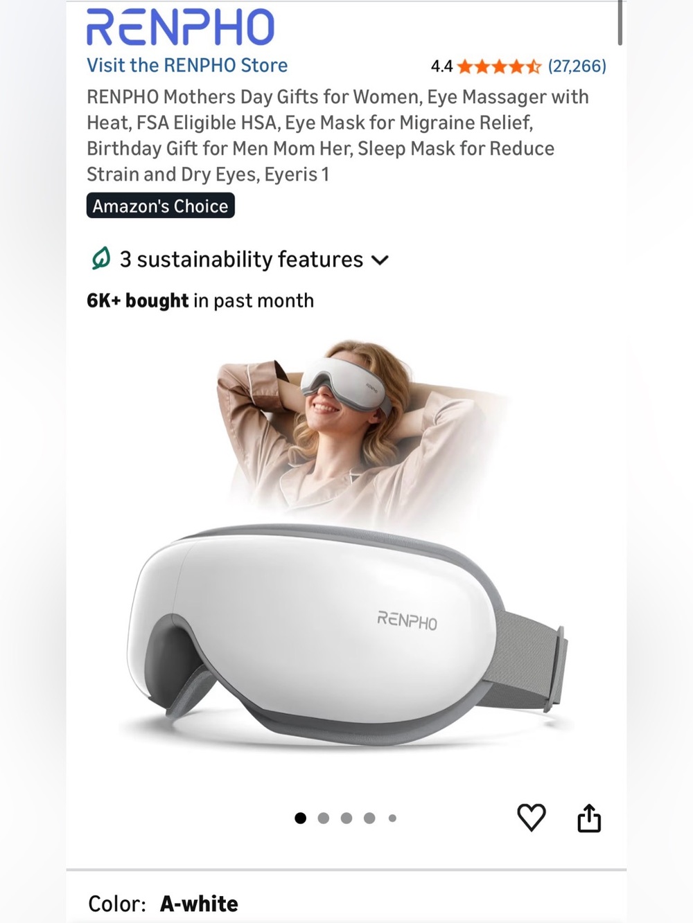 RENPHO White Eye Massager - Rechargeable Heated Eye Mask